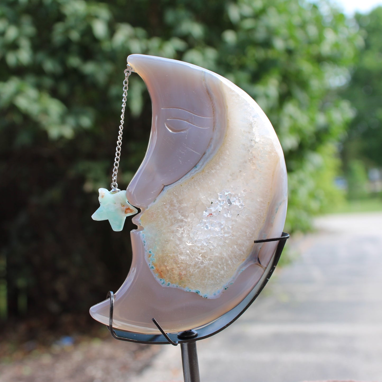 Agate Geode Moon crystal sculpture with star pendant on chain by Different Branches LLC