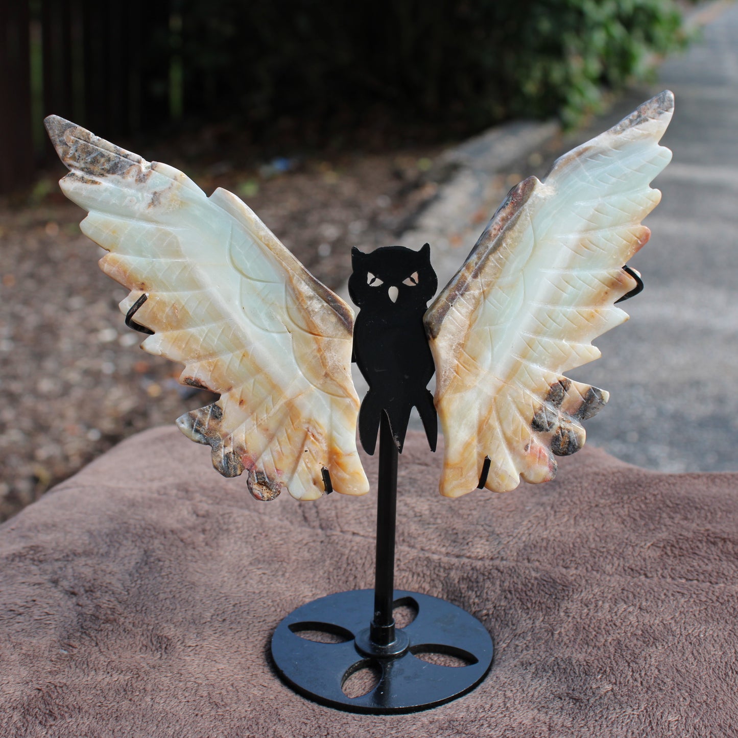 Amazonite Owl Wings crystal sculpture with carved wings on black metal stand by Different Branches LLC