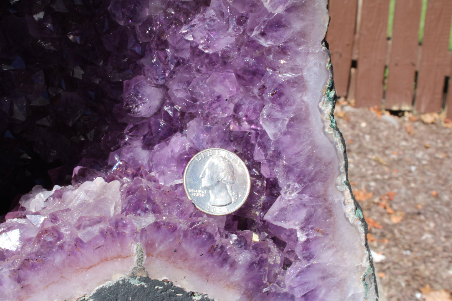 Amethyst Cathedral Geode with Glittering Purple Crystals and a Quarter for Size Reference
