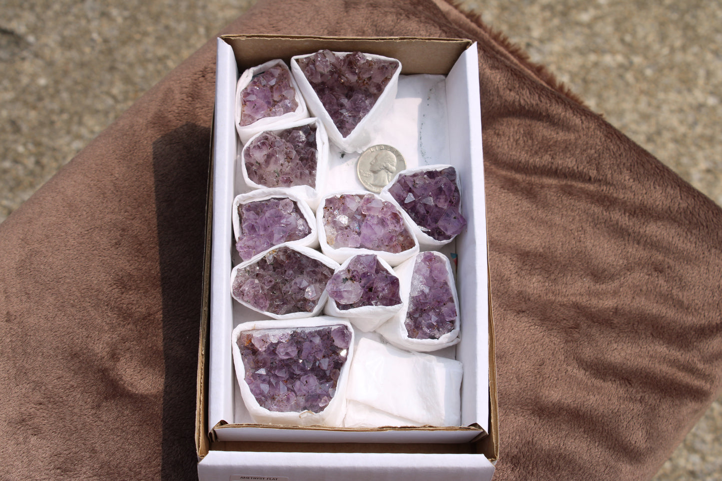 Collection of raw amethyst mineral points in a display box from Different Branches LLC
