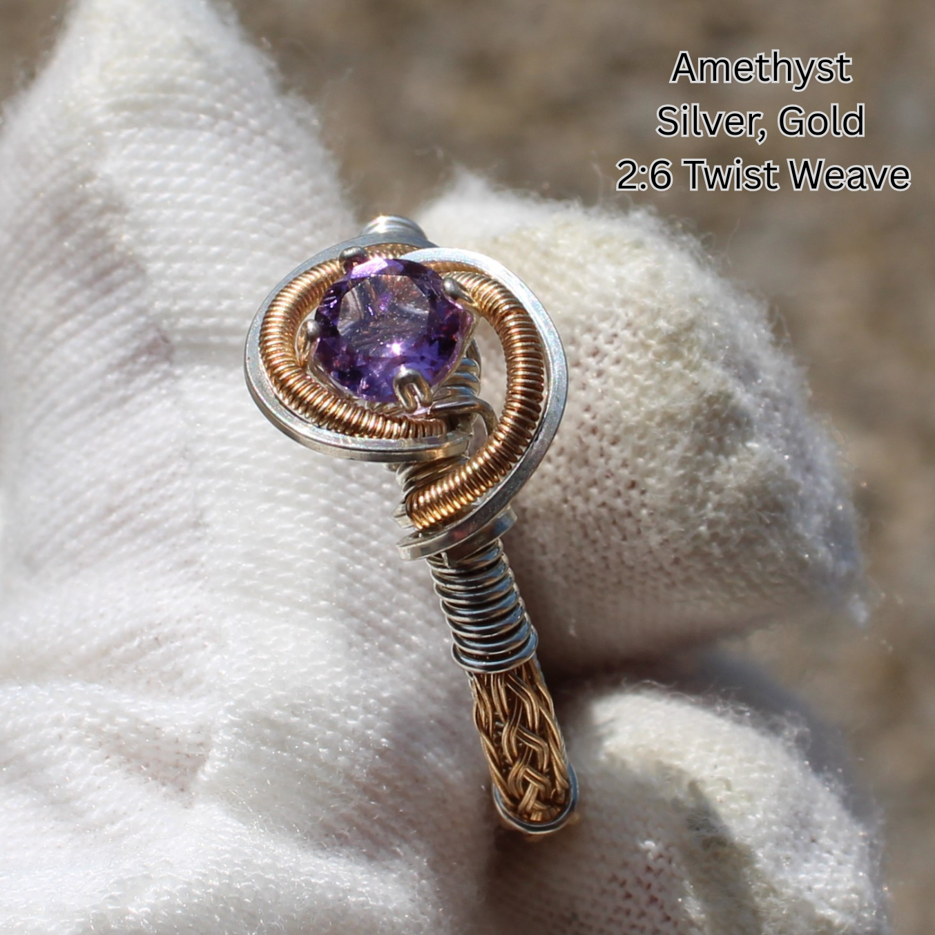Handmade amethyst wire wrapped crystal ring with silver and gold twist weave Made to order rings by Different Branches LLC