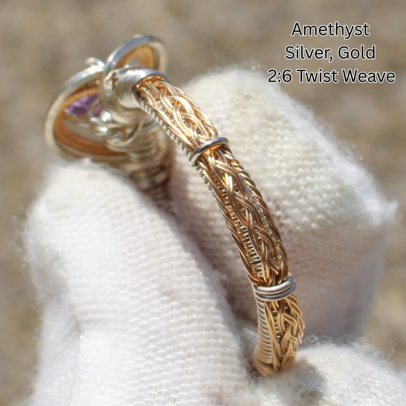 Handmade amethyst crystal ring with silver and gold 2 to 6 twist weave wire detail Made to order rings