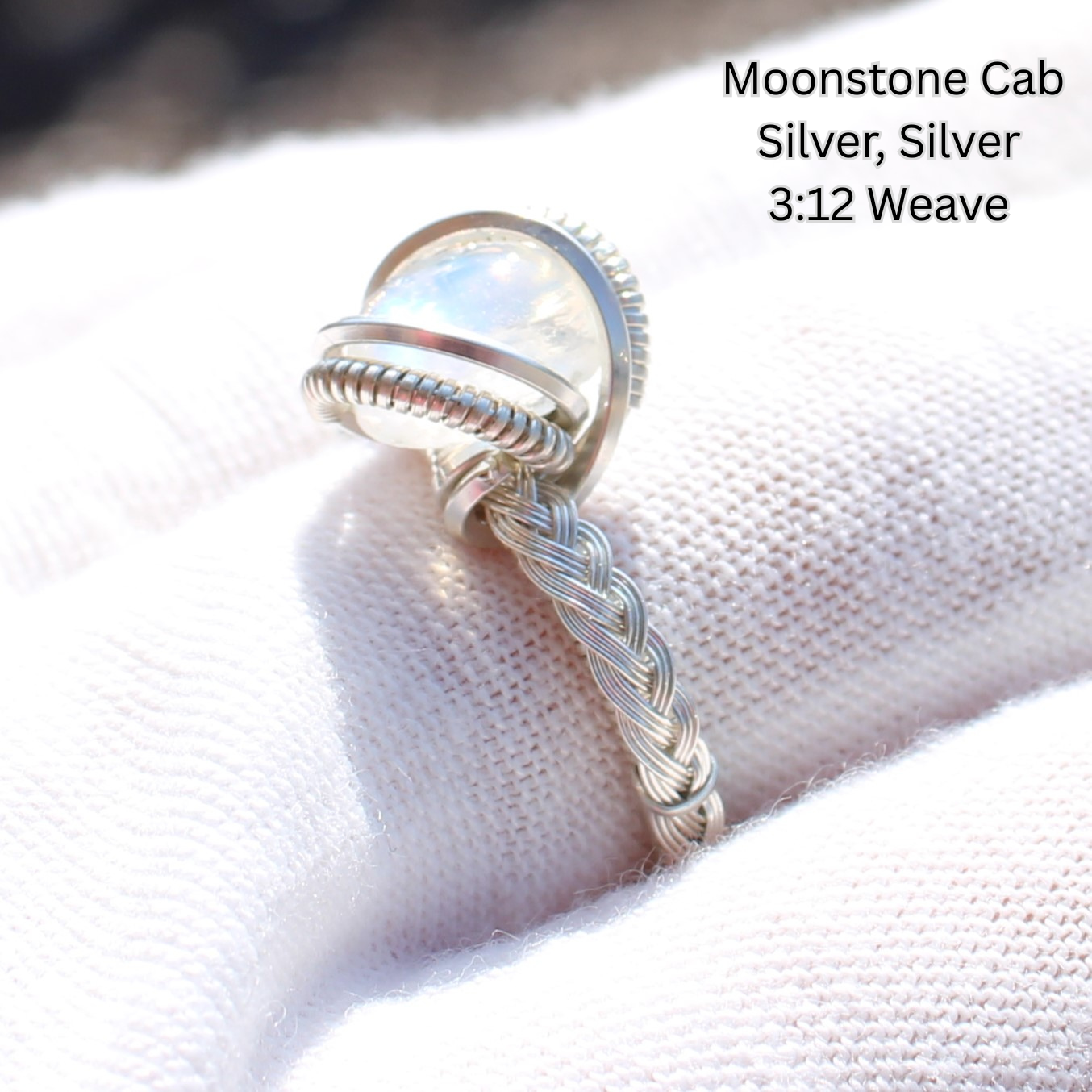 Moonstone cabochon silver wire wrapped ring with intricate 3 to 12 weave crystal jewelry Made to order rings