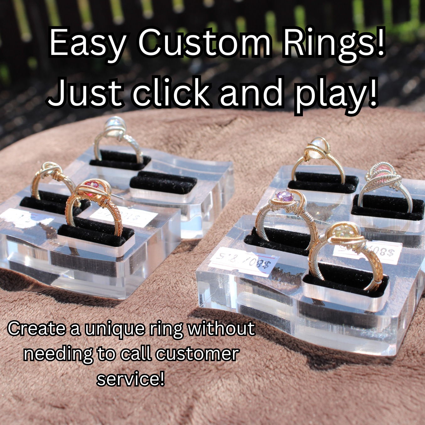 Crystal display with gold and rose gold gemstone rings on clear acrylic stands highlighting Made to order rings