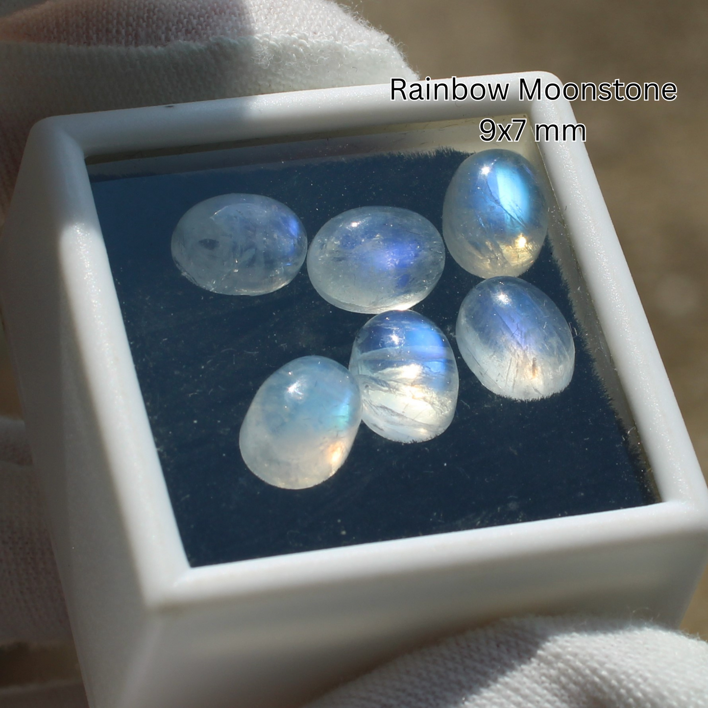 Made to order rings Rainbow moonstone cabochons 9x7 mm set of five in display box from Different Branches LLC