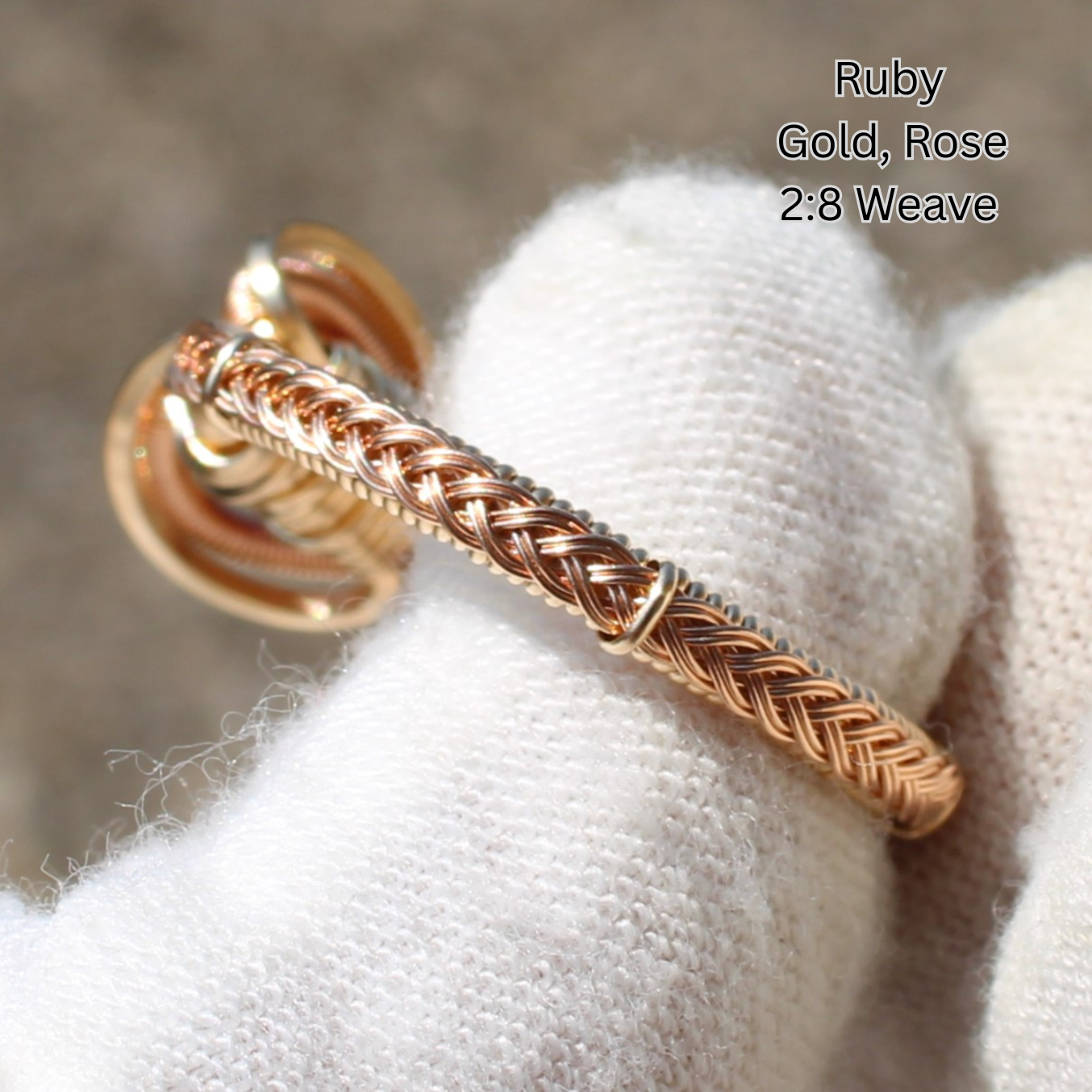 Rose and gold wire woven crystal ring with ruby accent 2 to 8 weave by Different Branches LLC Made to order rings