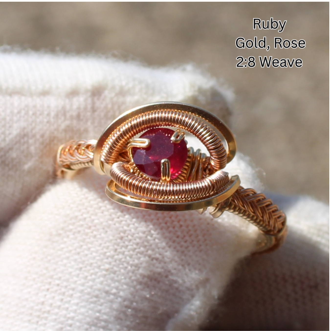 Made to order rings ruby wire wrapped ring in rose and gold with 2 to 8 weave handcrafted by Different Branches LLC