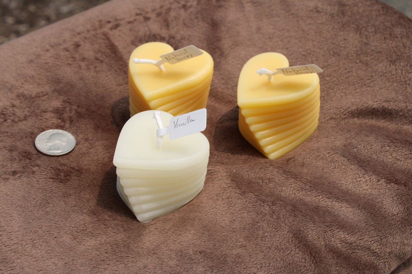 My Store beeswax heart candle in various colors with labels for natural home decor