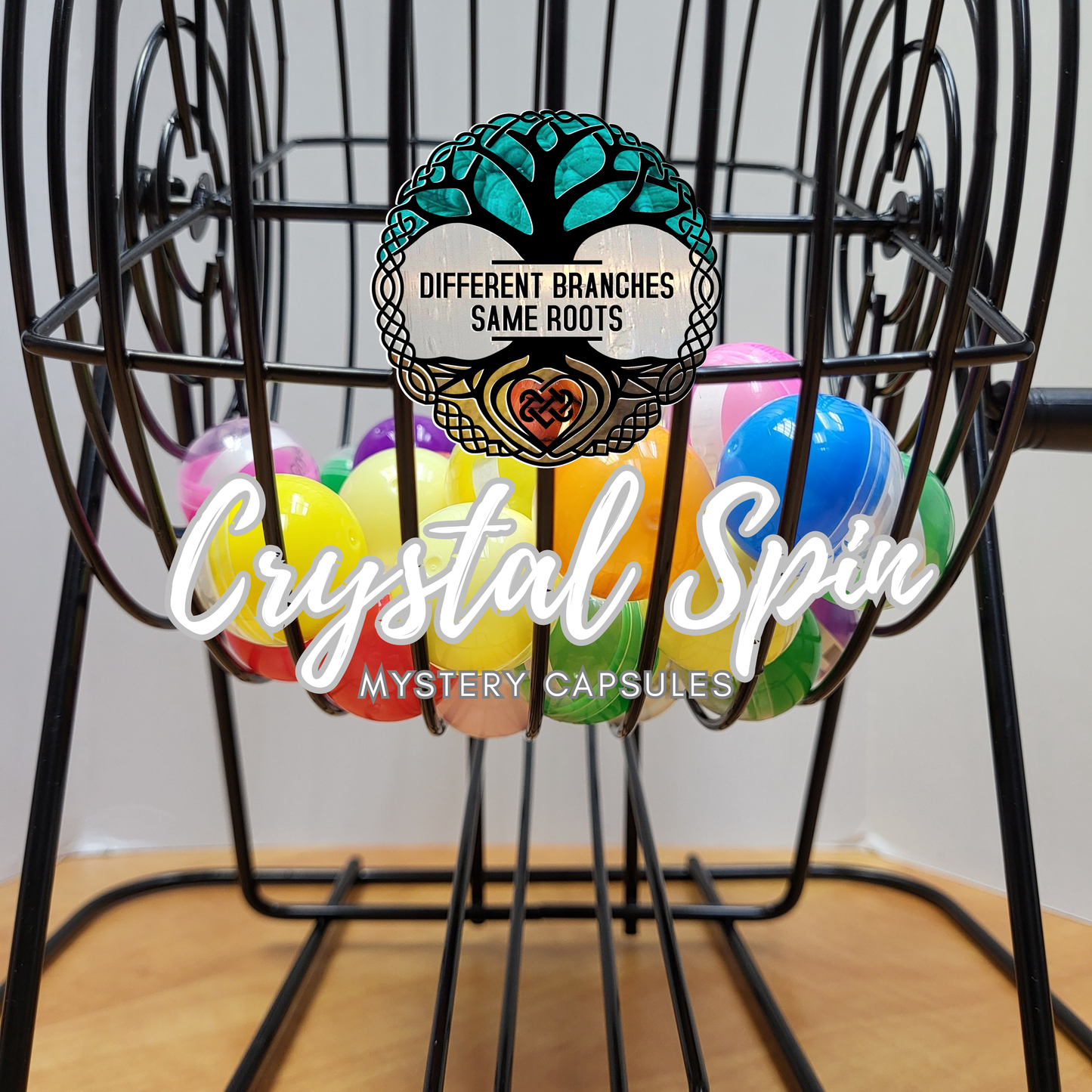 Colorful Crystal Capsule Spin Mystery Eggs in a Black Wire Basket by Different Branches LLC