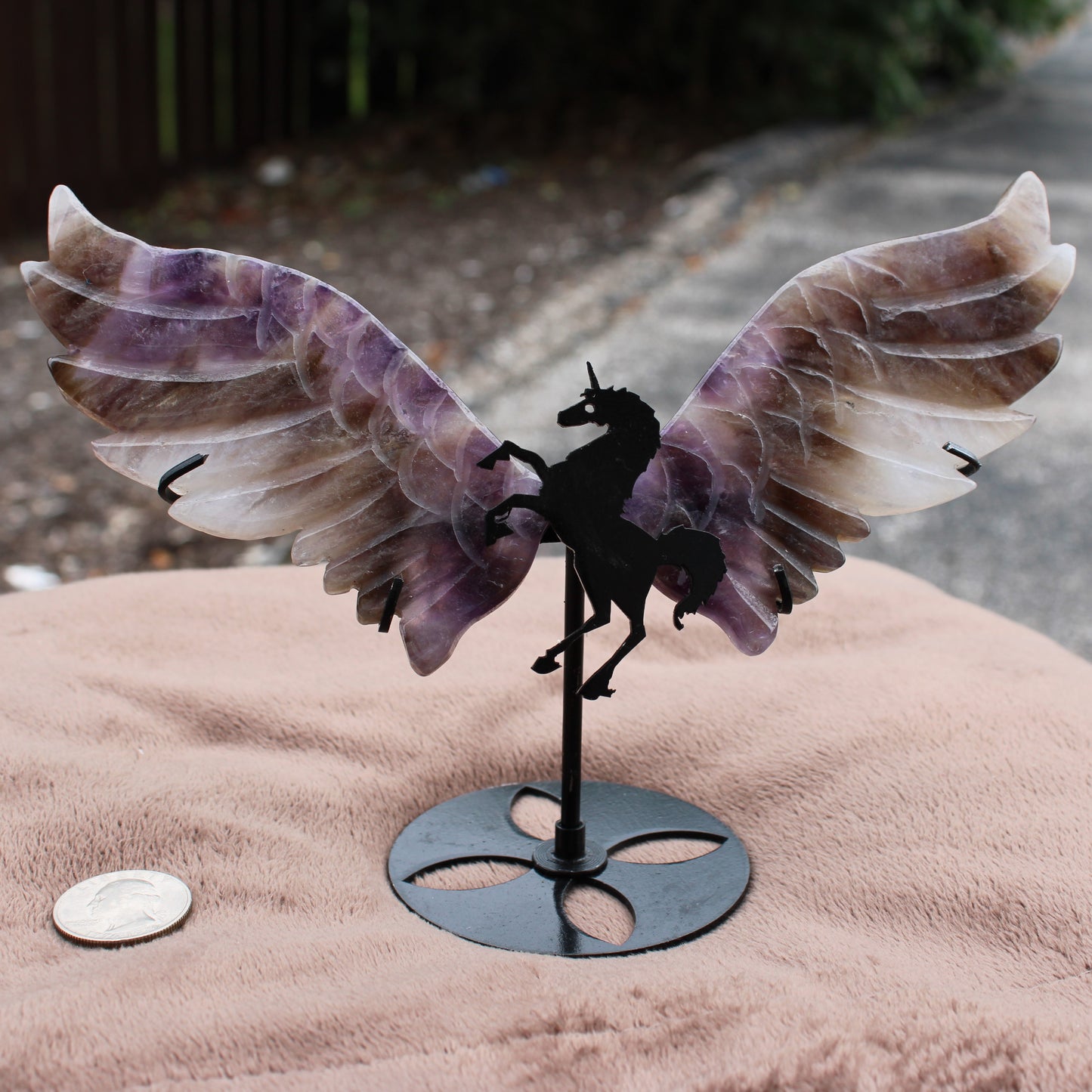 Dream Amethyst Unicorn Wings crystal decoration with purple wings on black unicorn stand by Different Branches LLC