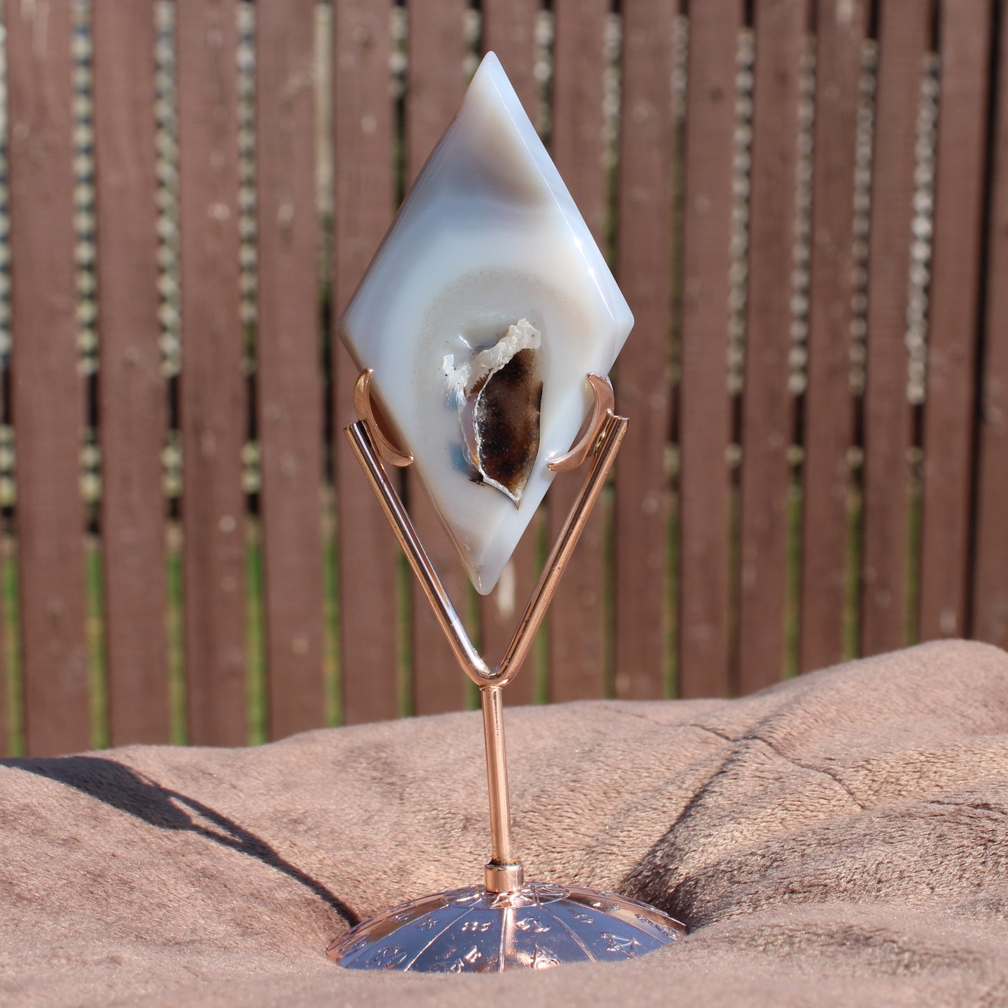 Druzy Agate Diamond Crystal Display on Copper Stand, Showcasing Unique Natural Patterns