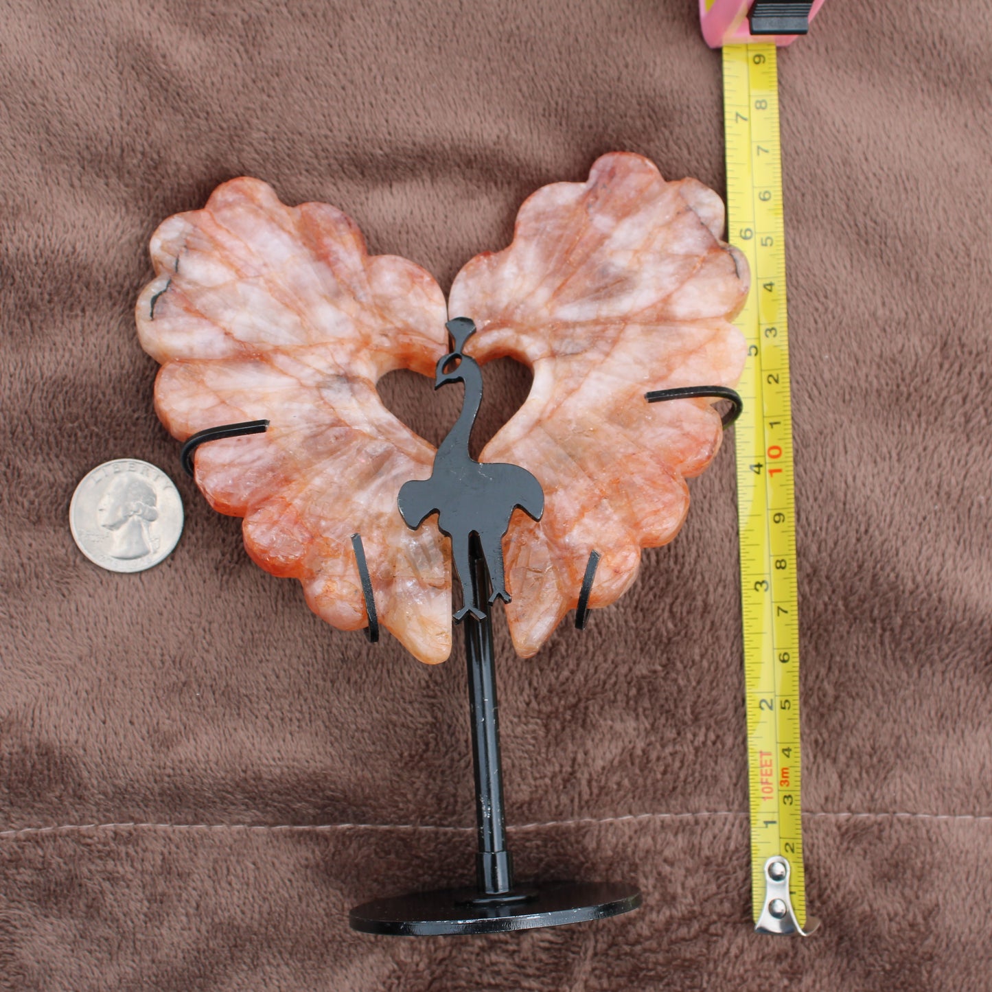 Fire Quartz Peacock Wings crystal on black metal stand with measuring tape and quarter for size comparison