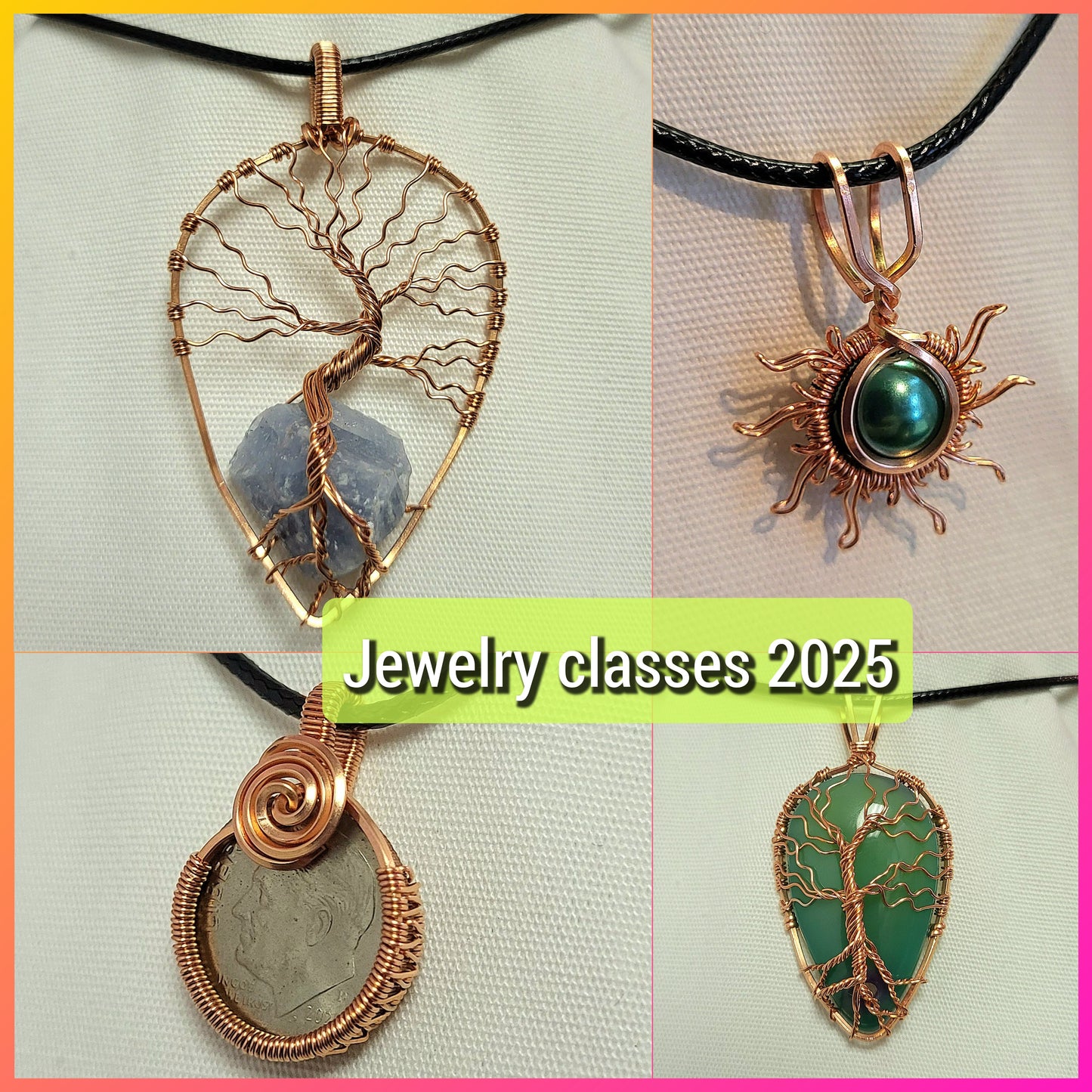 Wire-wrapped jewelry pieces showcasing designs from Jewelry Making Classes Fall 2025