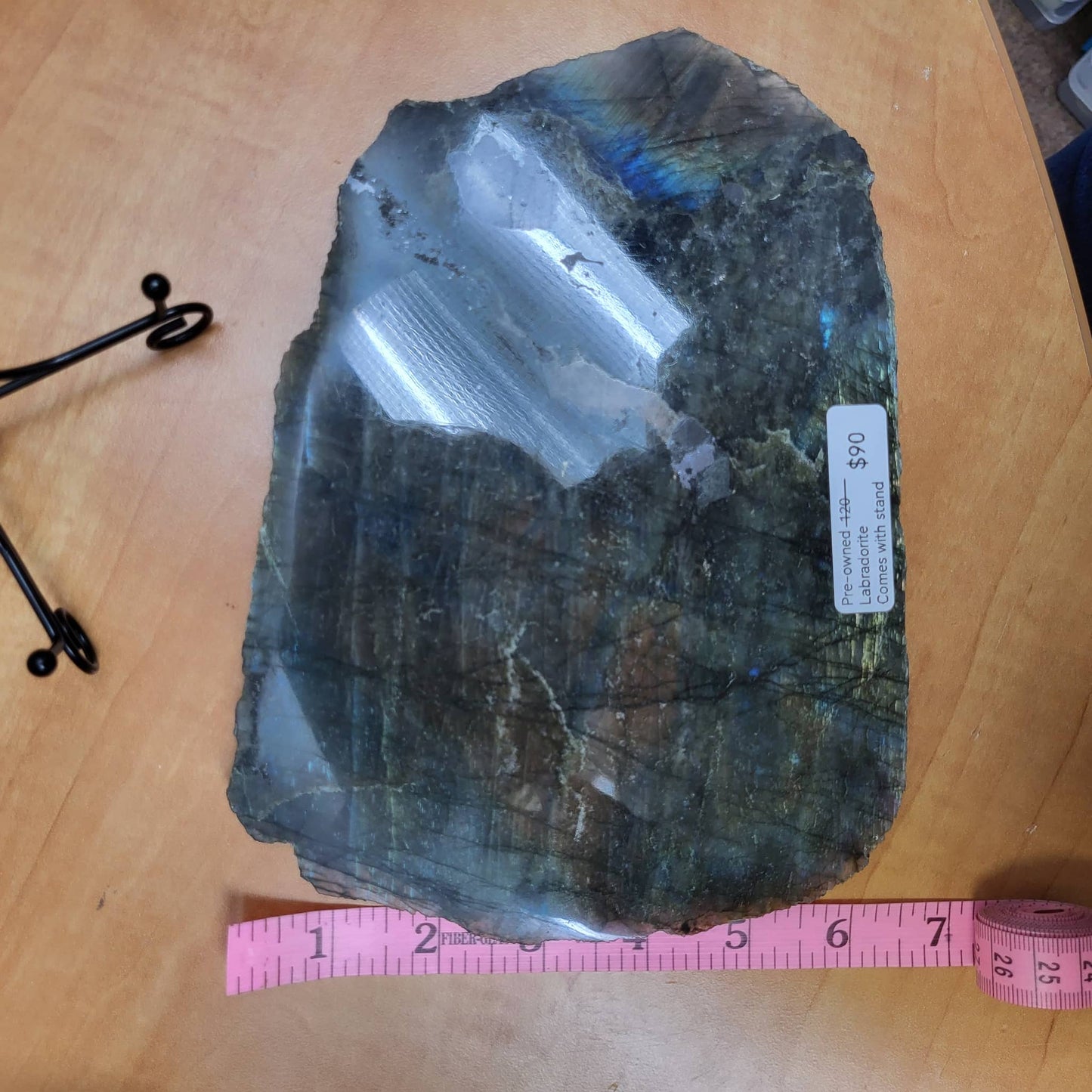 Labradorite Slab with Stand showcasing iridescent minerals for decorative or healing purposes