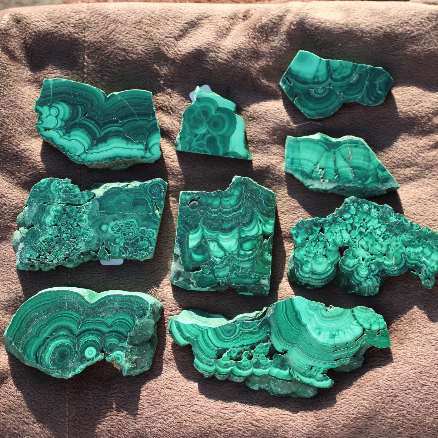 Array of Malachite slab pieces showing natural green patterns and textures for collectors and decor