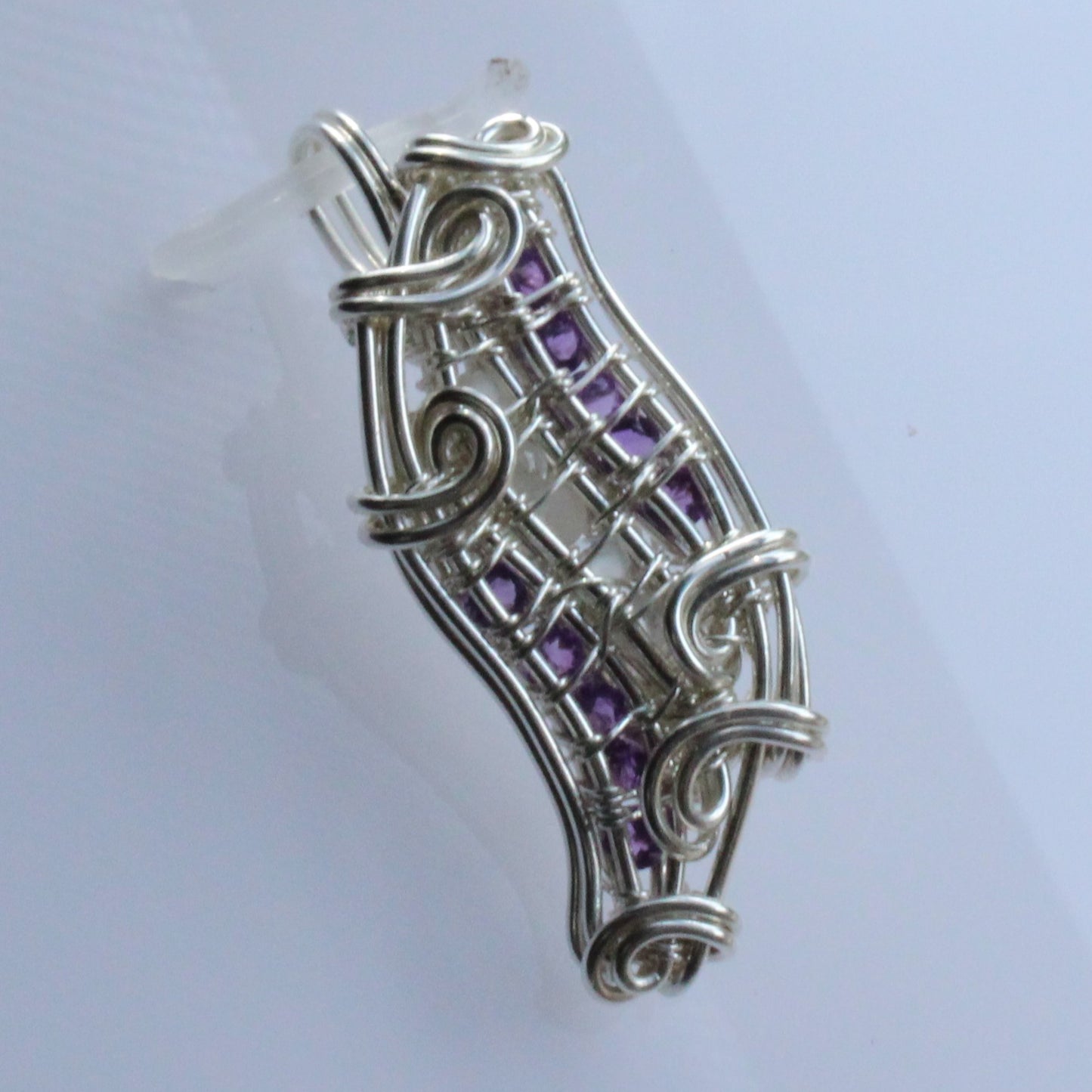 Moonstone, Amethyst, Sterling silver Pendant with intricate wire design and gemstone accents