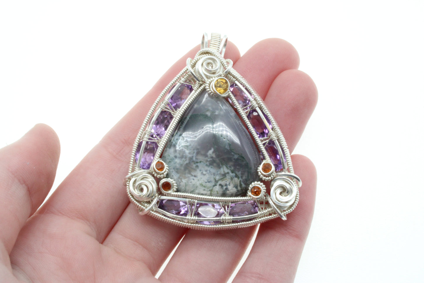 Moss agate triangular pendant with decorative wire wrapping and colorful gemstones for unique jewelry lovers