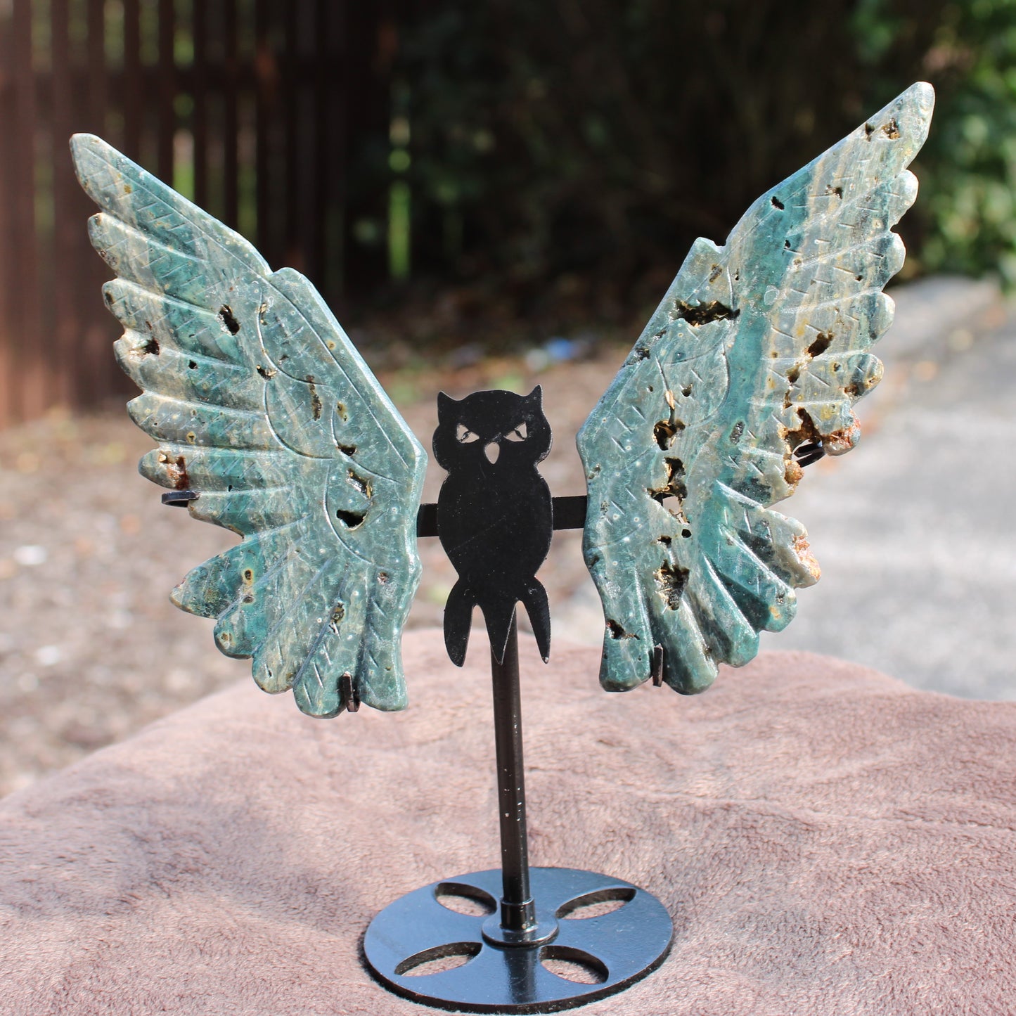 Ocean Jasper Owl Wings crystal sculpture on metal stand by Different Branches LLC
