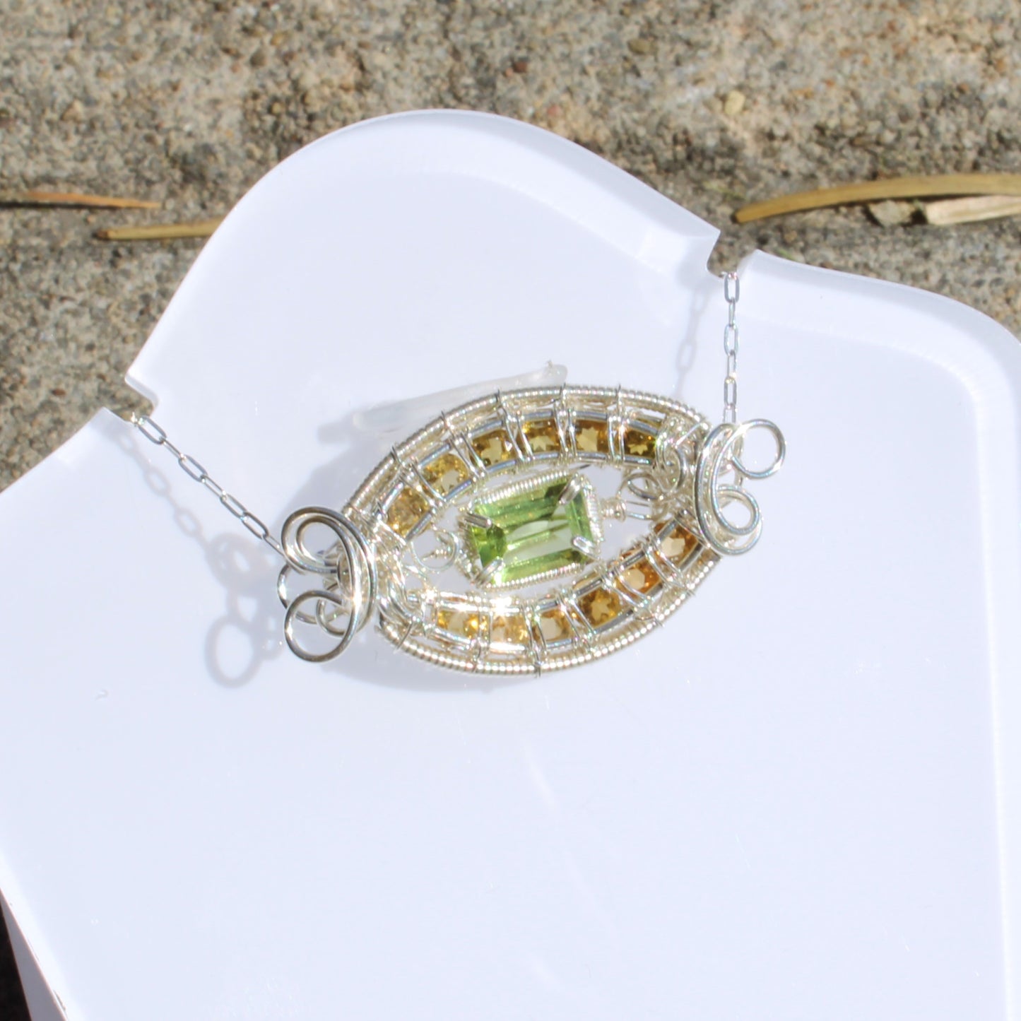 Peridot Sterling Silver yellow tourmaline necklace with intricate design and vibrant gemstones