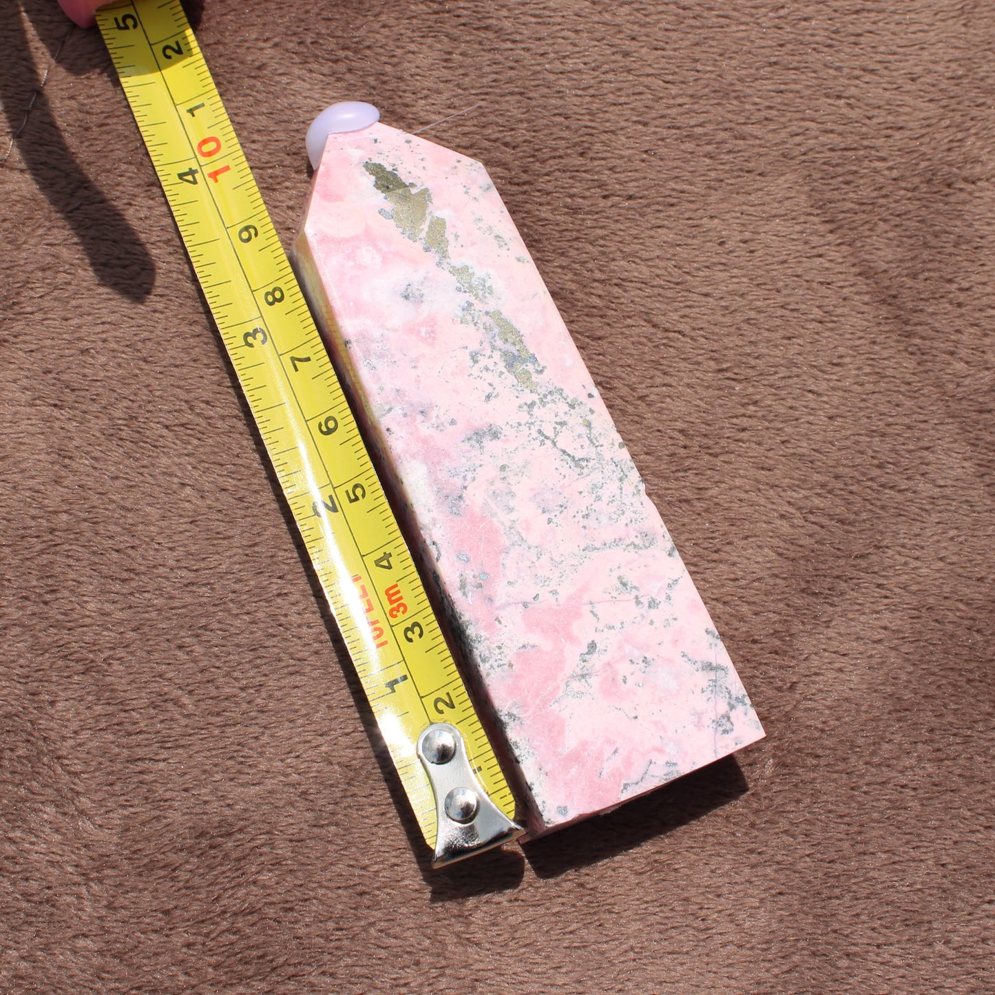 Pink Opal Tower crystal measuring about 7 inches with natural white and green patterns