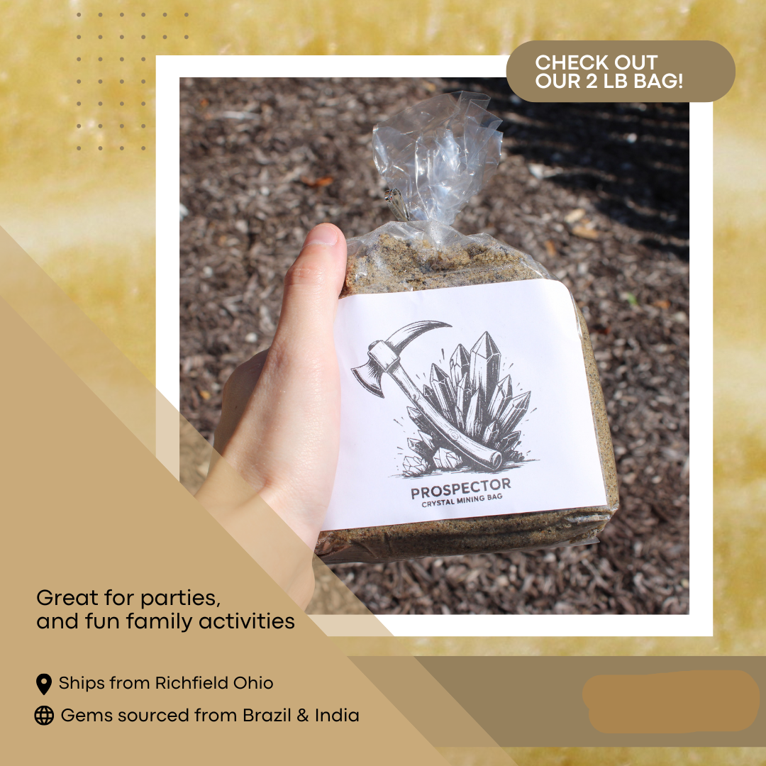 Hand holding a prospector crystal bag of sand and rocks large gem mining mystery bag from Different Branches LLC
