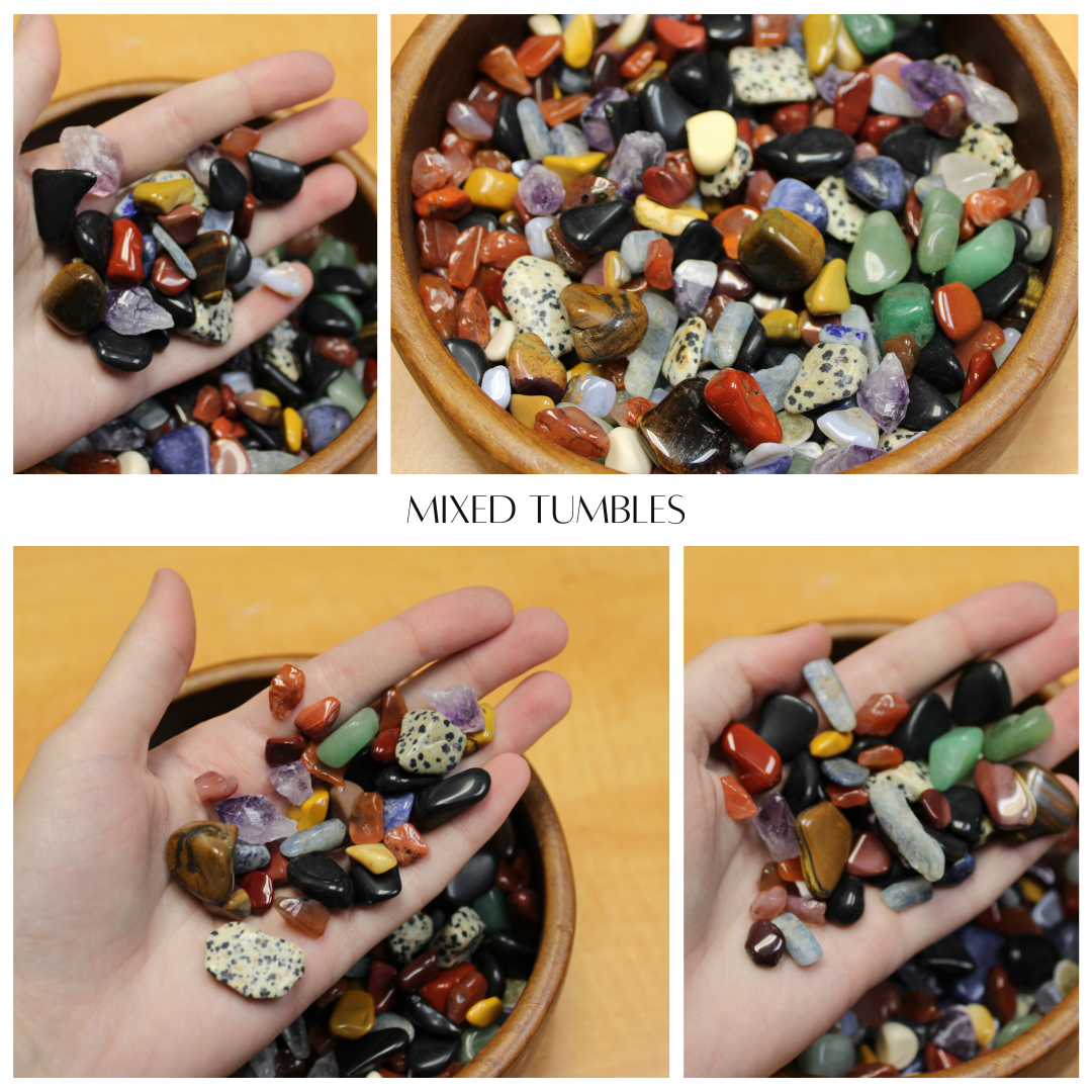 Different Branches LLC mixed tumbled crystals in hands and wooden bowl showing colorful stones large gem mining mystery bag