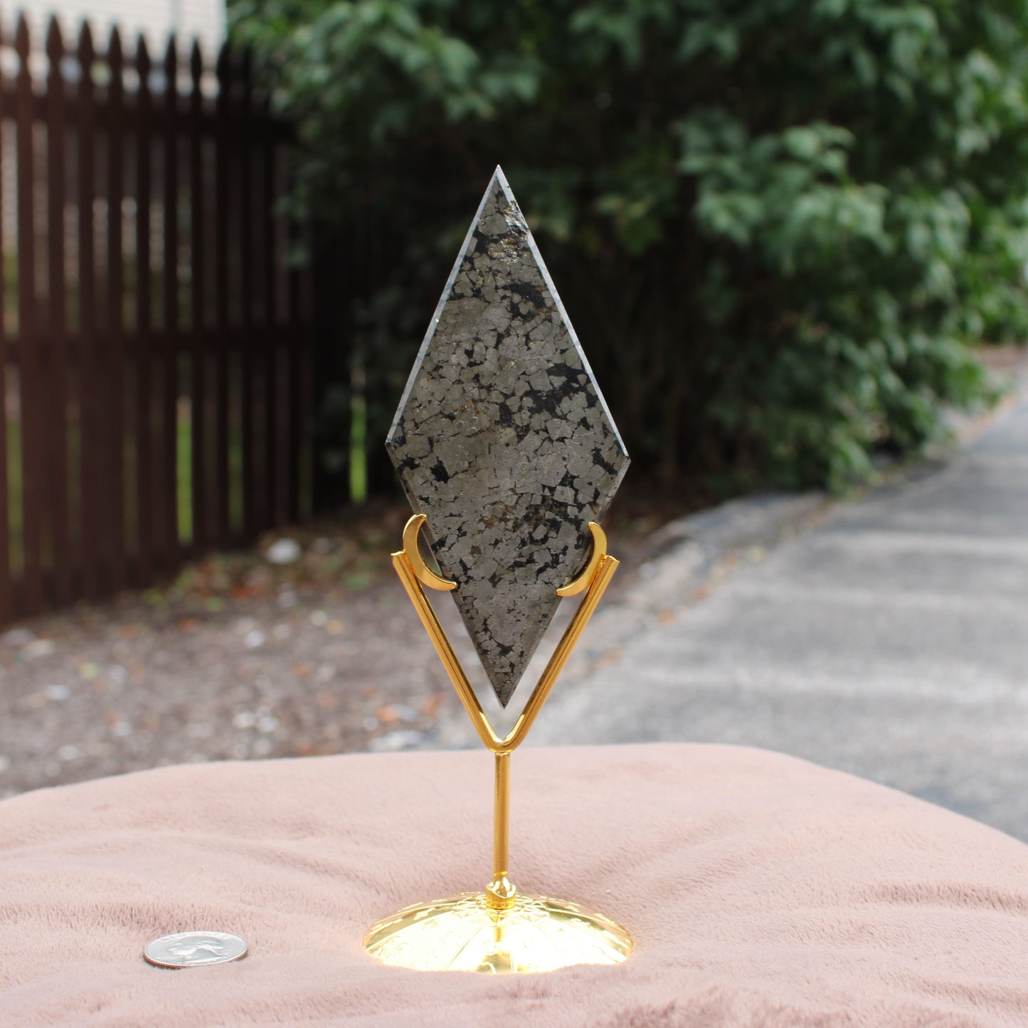 Pyrite Diamond crystal displayed on a gold stand outdoors on a soft surface