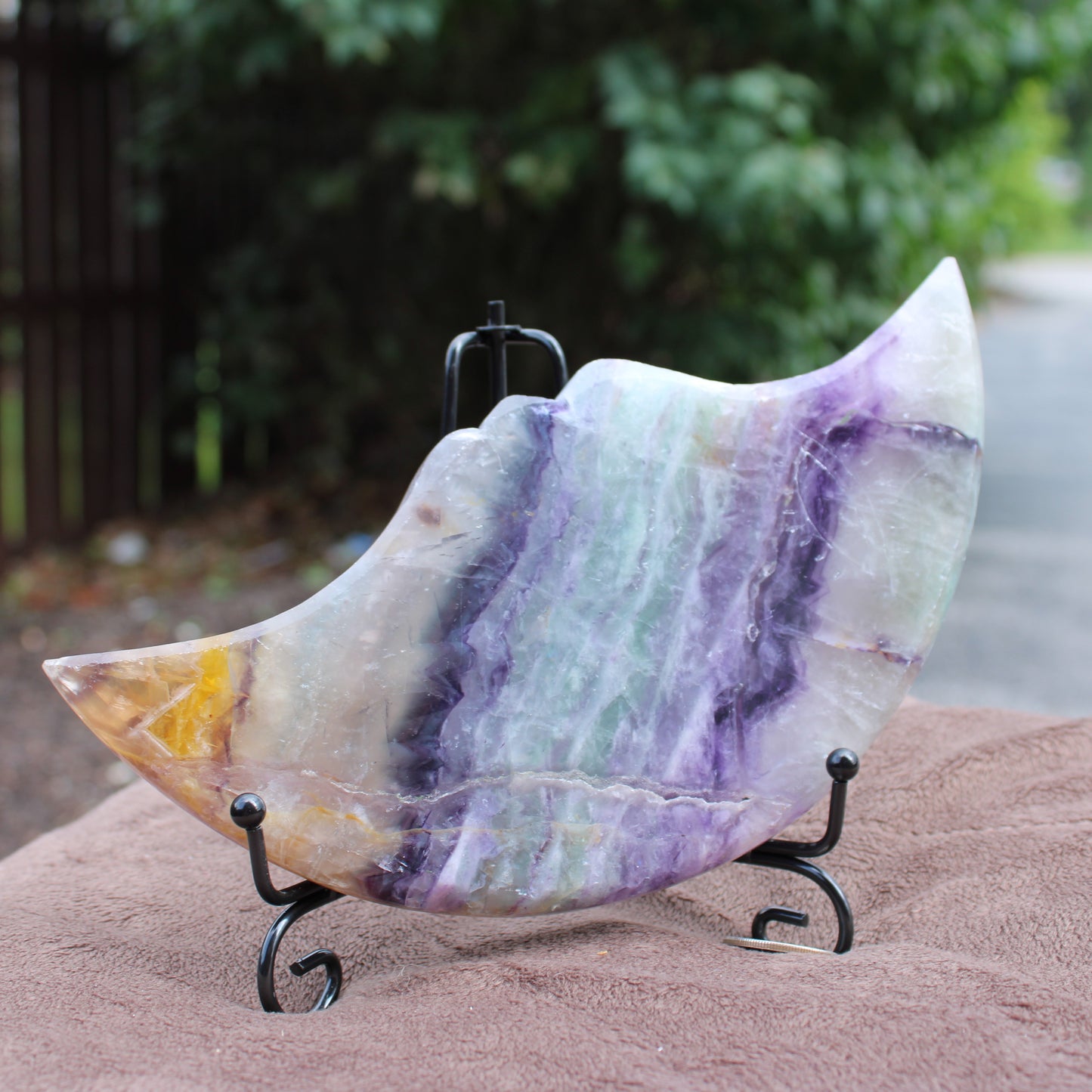 Rainbow Fluorite Cresent Moon Statement Crystal with purple and green bands on display stand