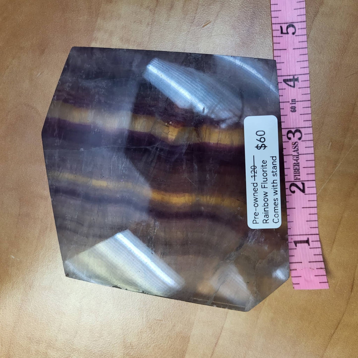 Pre-owned Rainbow Fluorite Slab with Stand for display, featuring unique purple and green patterns.