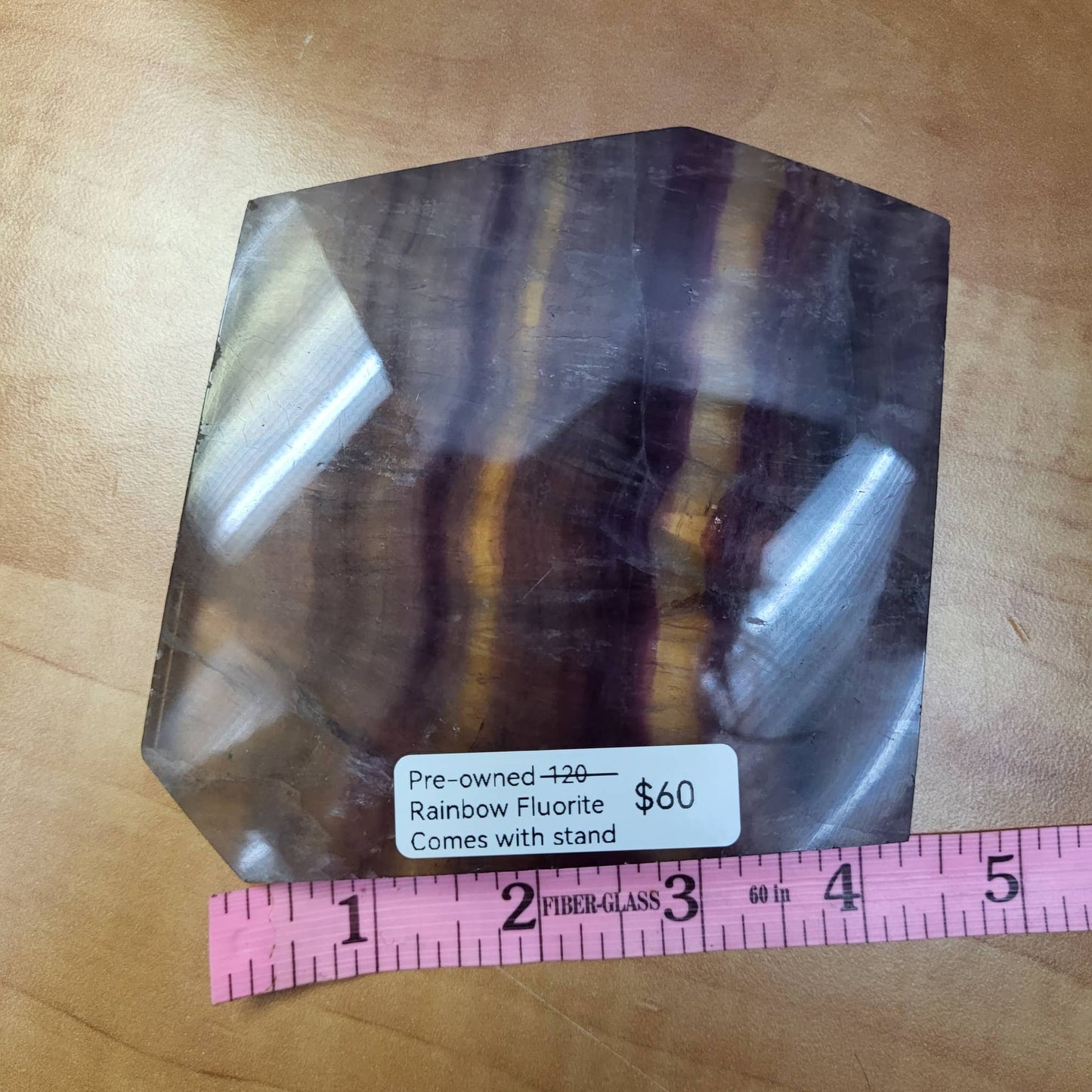 Pre-owned Rainbow Fluorite Slab with Stand for display, featuring unique purple and green patterns.