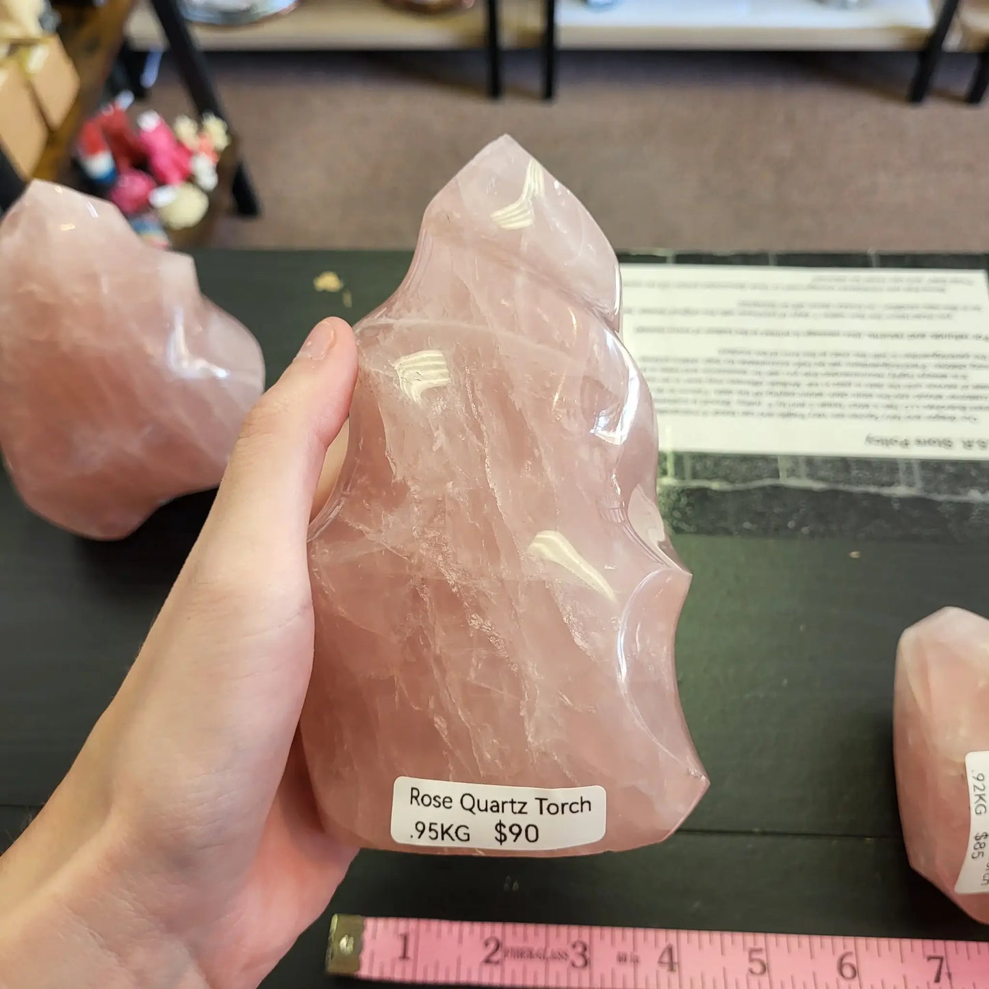 Handheld Rose Quartz Torch from the rose quartz torch collection showcasing its unique shape and stunning hue