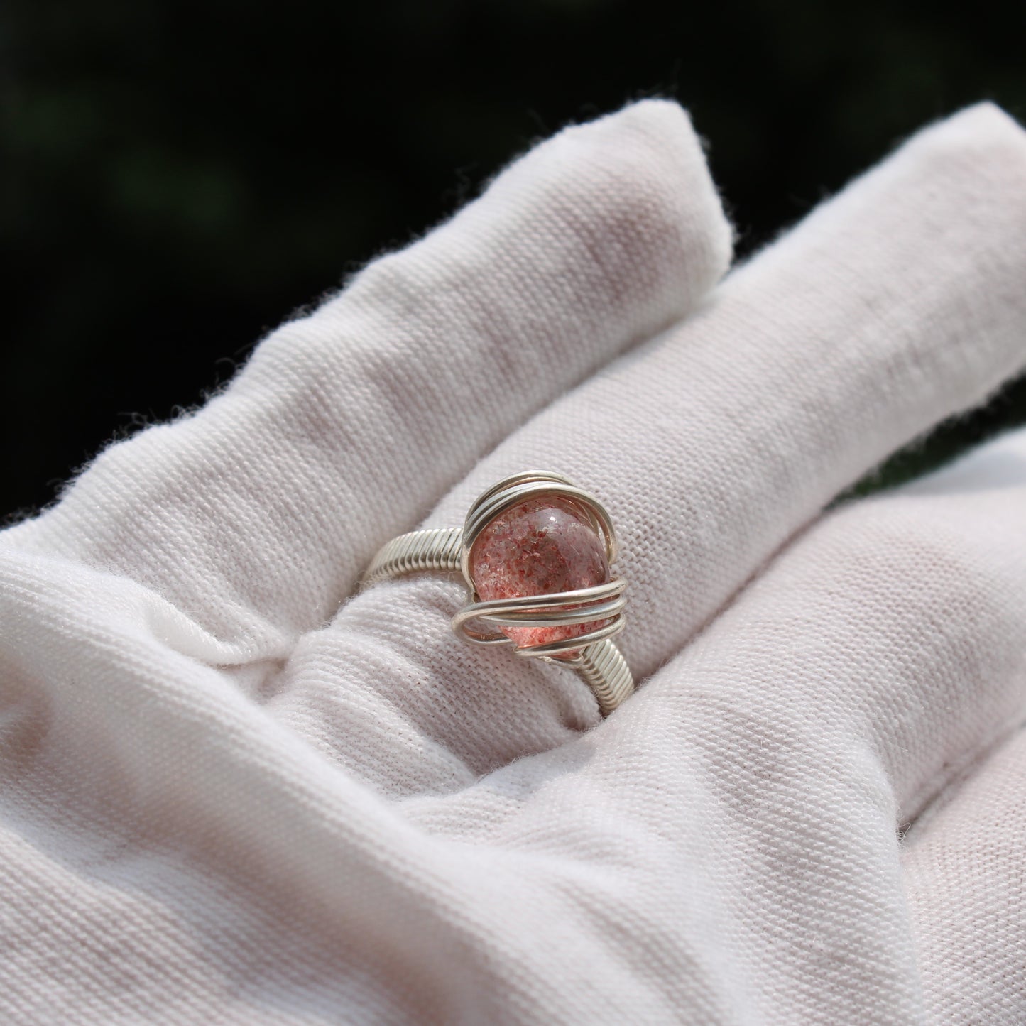Handcrafted Strawberry Quartz Ring in Silver Setting, Perfect for Elegant Jewelry Display