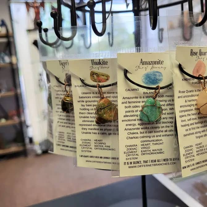 The Token Machine jewelry featuring gemstone pendants like Amazonite and Unakite by Different Branches LLC
