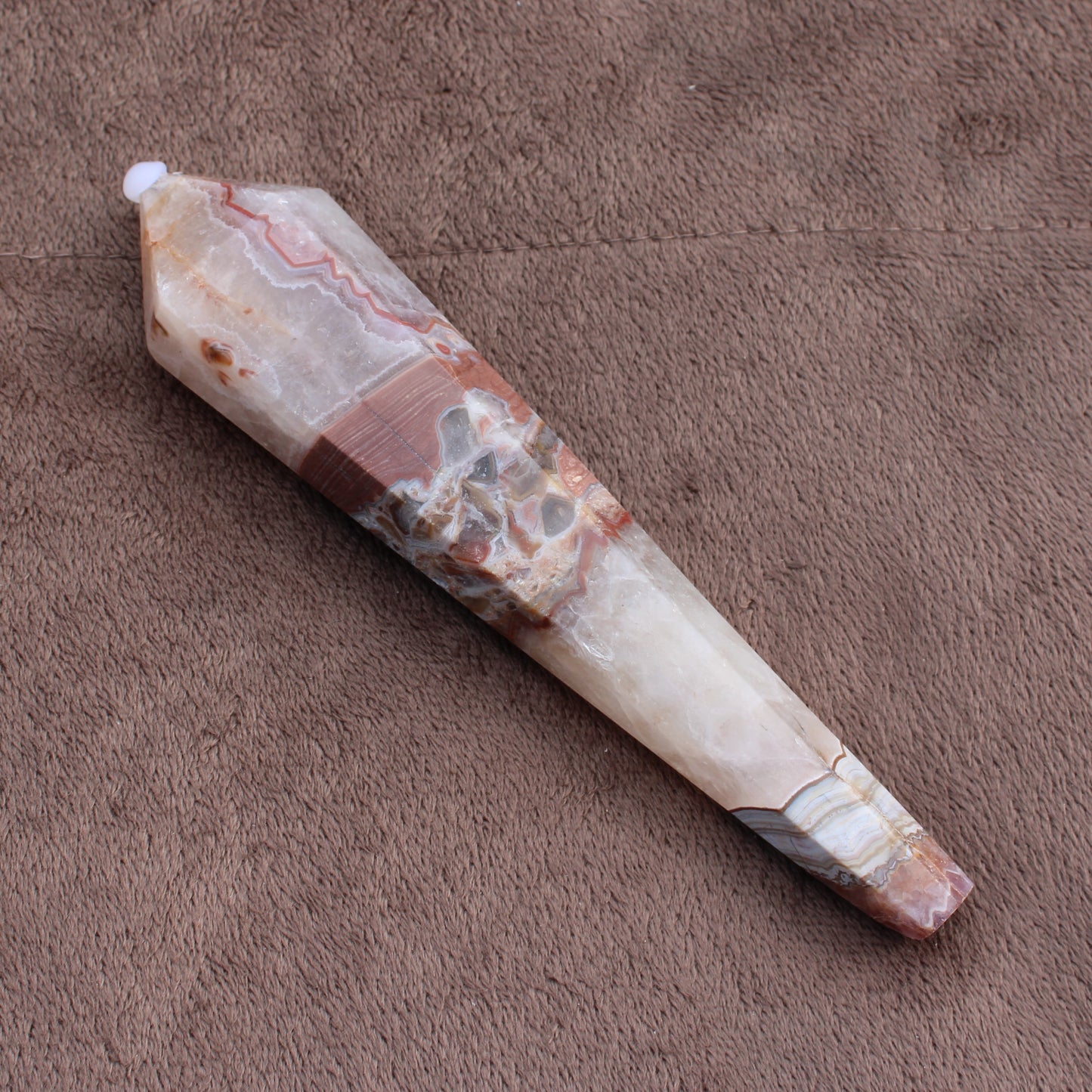 Crazy Lace Agate Wand crystal with brown and white patterns from Different Branches LLC