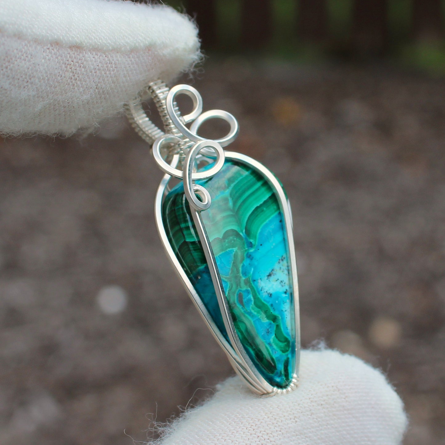 Sterling Silver Chrysocolla Malachite pendant with intricate wire wrapping by Different Branches LLC