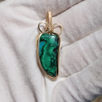 14k Gold Filled Chrysocolla Malachite pendant with green stone and gold wire wrap by Different Branches LLC