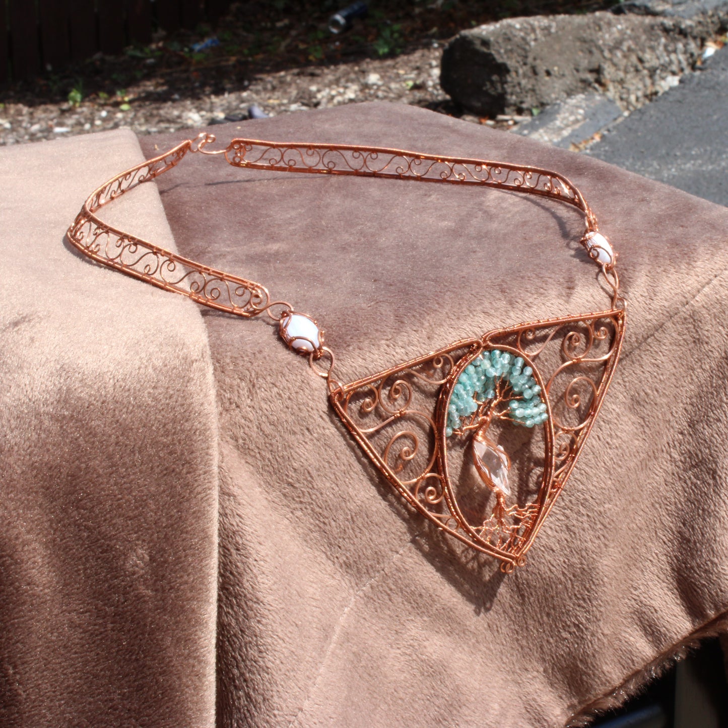 Large bib blue apatite tree of life copper necklace