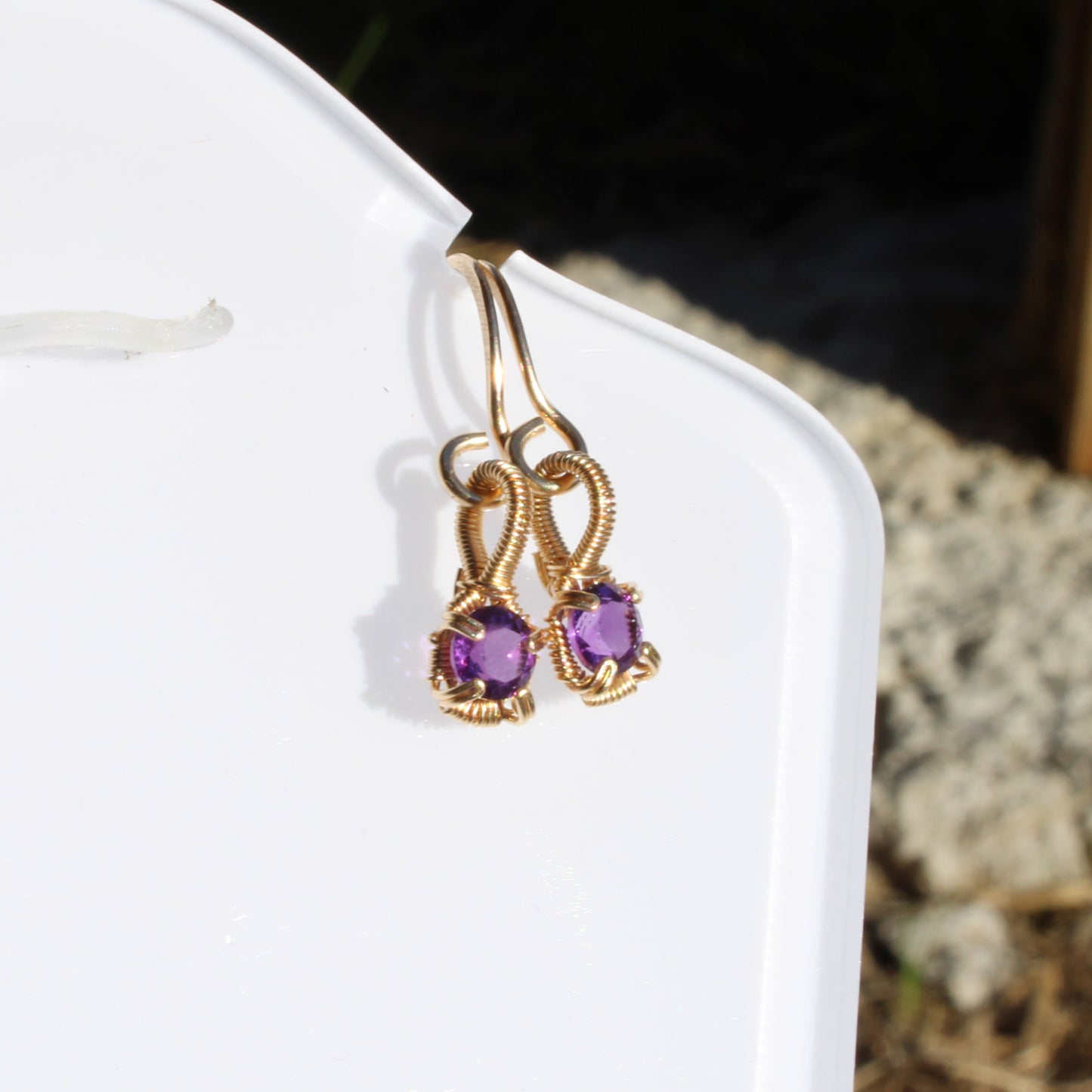 Amethyst 14k Gold-filled earrings with twisted wire design for elegant fashion