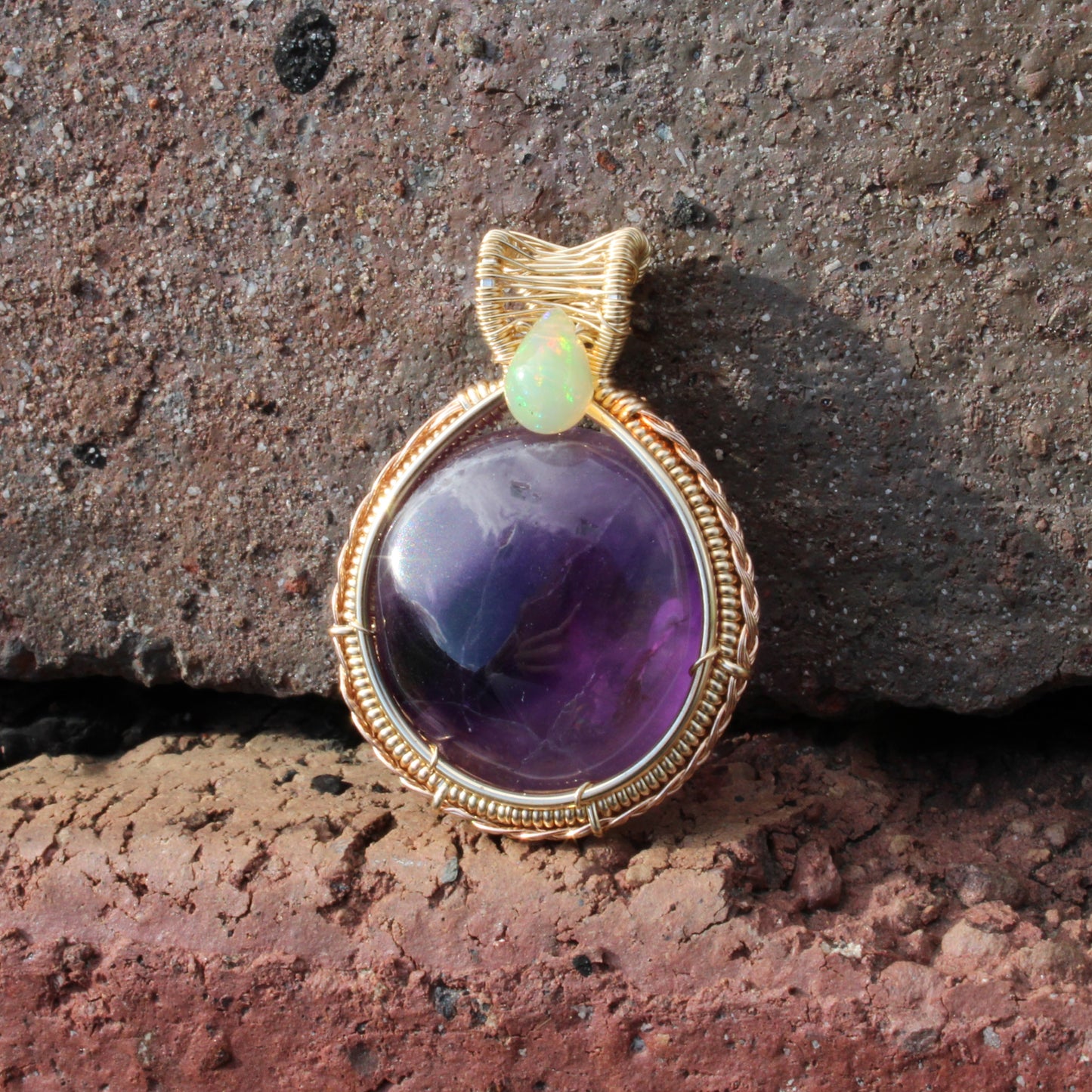 Amethyst Ethiopian Opal 14k yellow and rose gold fill pendant beautifully crafted with a unique design