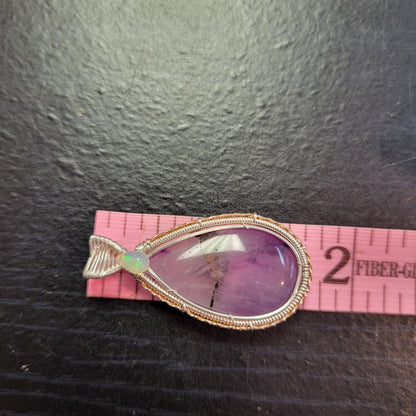 Amethyst & Ethiopian opal sterling silver pendant with intricate wire detailing and a teardrop shape