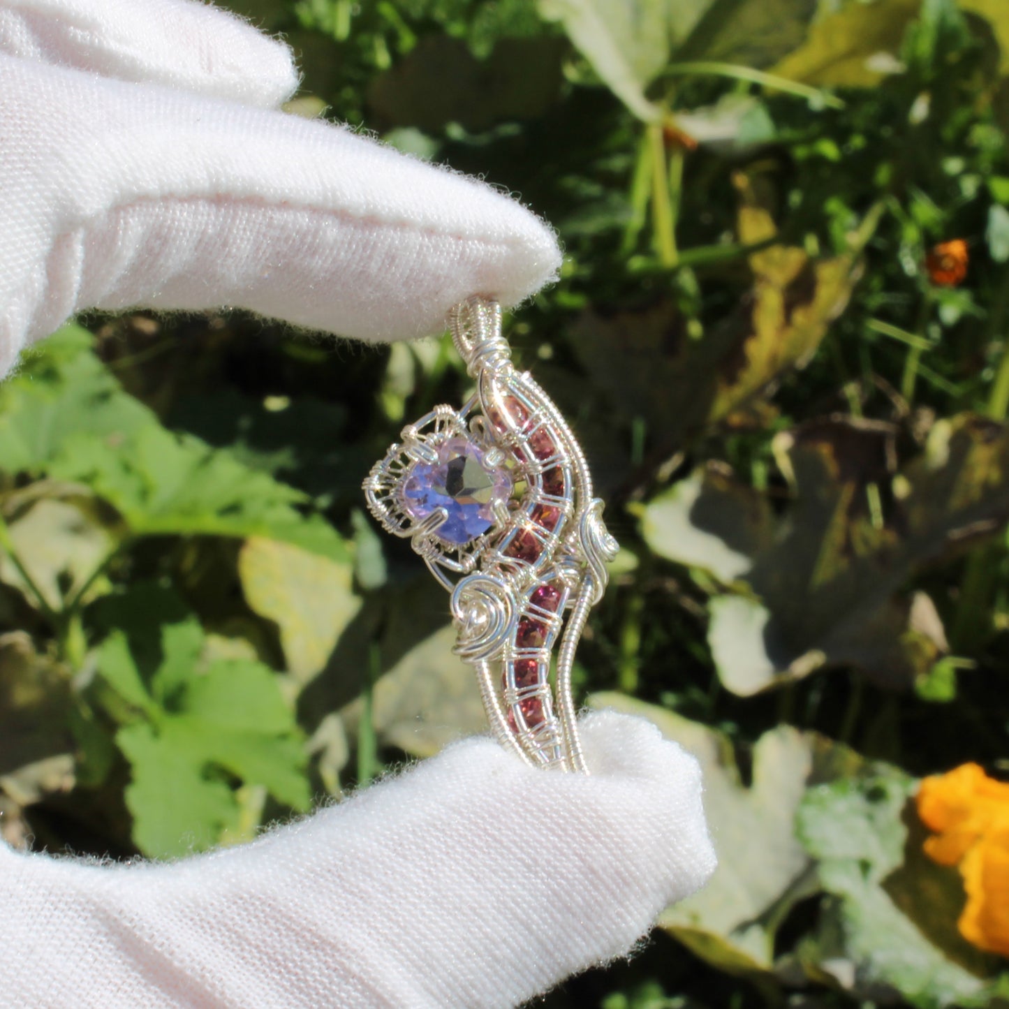 Amethyst Sterling Silver Pink Tourmaline Pendant with Intricate Design and Sparkling Stones