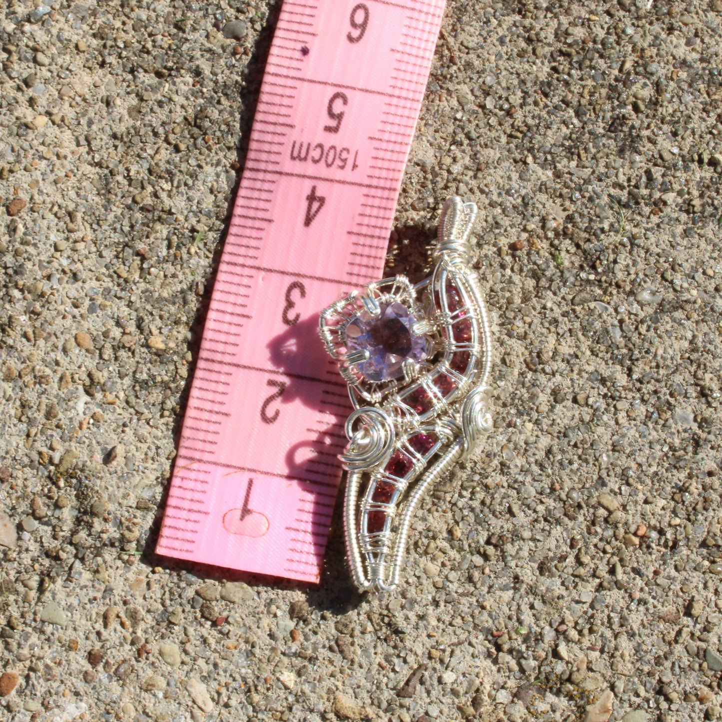 Amethyst Sterling Silver Pink Tourmaline Pendant on a Measuring Tape for Size Reference