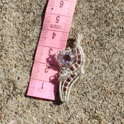 Amethyst Sterling Silver Pink Tourmaline Pendant on a Measuring Tape for Size Reference