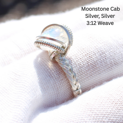 Moonstone cabochon silver wire wrapped ring with intricate 3 to 12 weave crystal jewelry Made to order rings