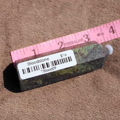 Bloodstone tower crystal in a unique shape, showcasing rich earthy colors and textures