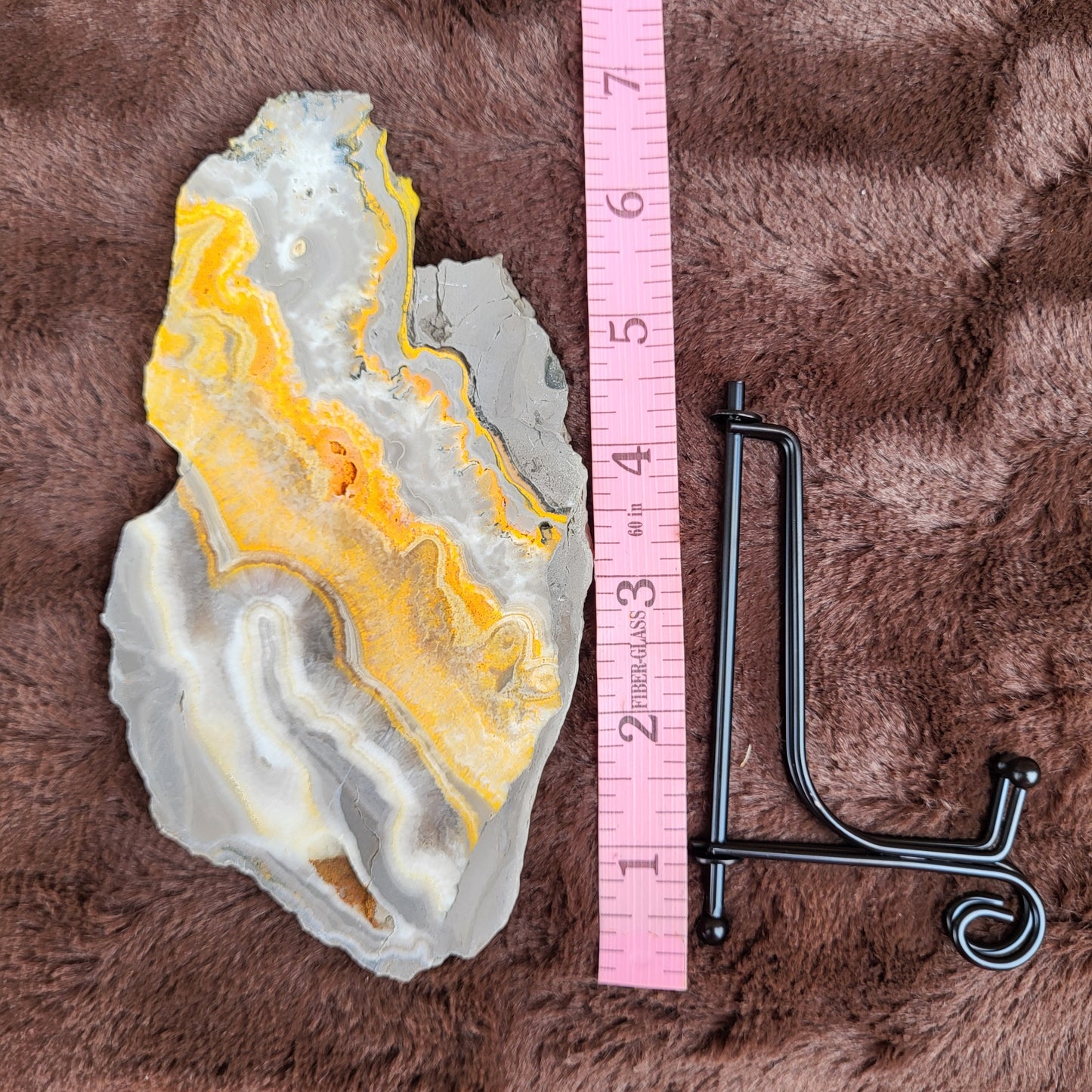 Bumblebee Jasper Slabs in natural shape with measuring ruler and display stand for decor or healing purposes
