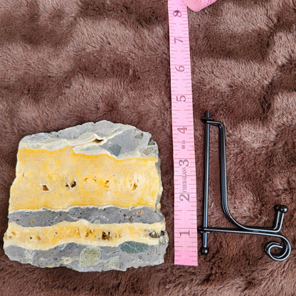 Bumblebee Jasper Slabs displayed with a measuring tape and holder for decorative purposes