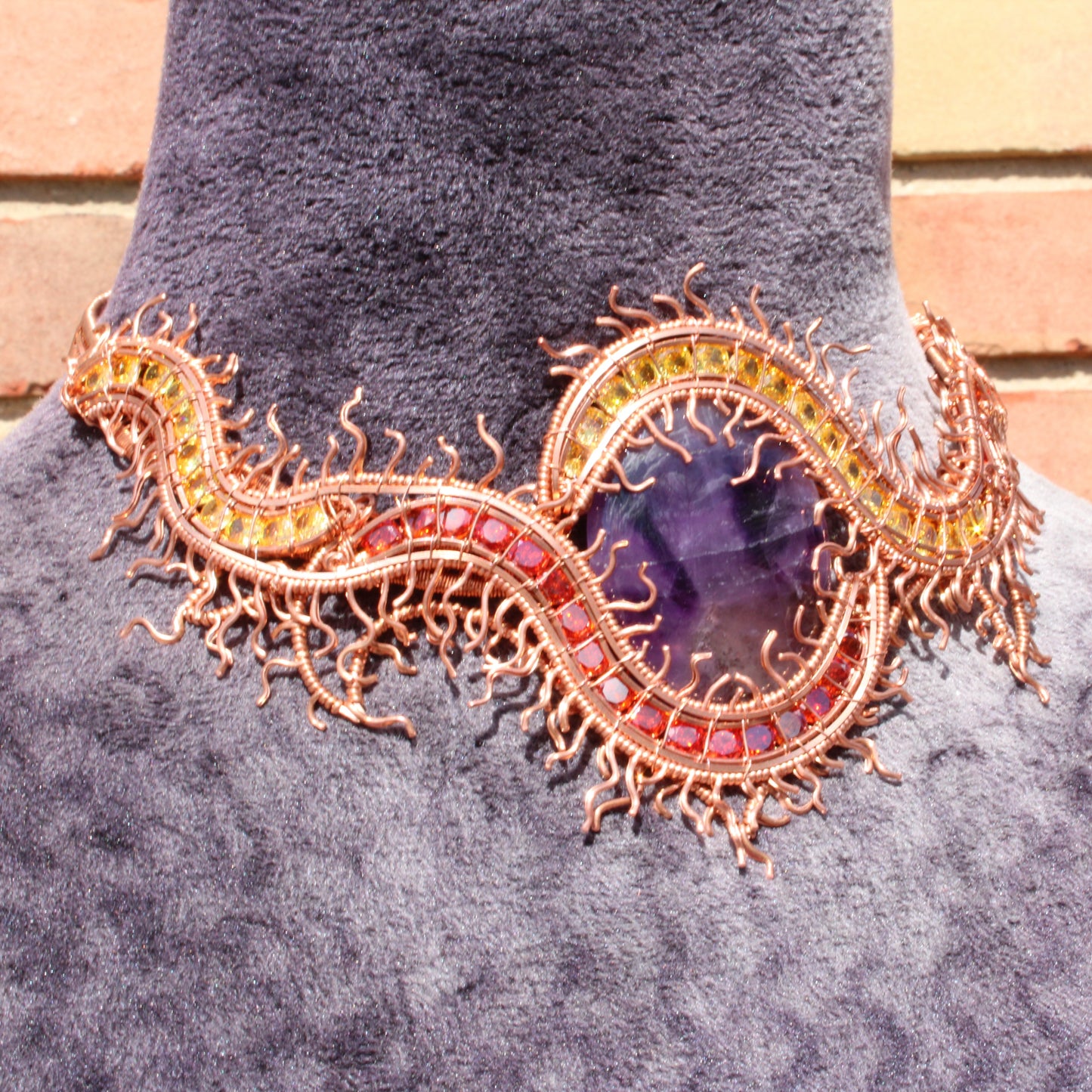 Centipede Choker Necklace Gothic Fantasy Wire Wrapped Jewelry with colorful gemstones and intricate design