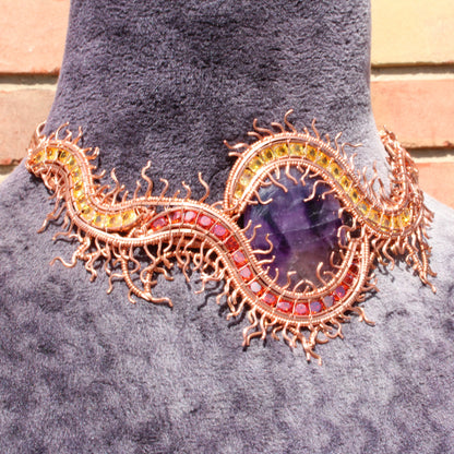 Centipede Choker Necklace Gothic Fantasy Wire Wrapped Jewelry with colorful gemstones and intricate design