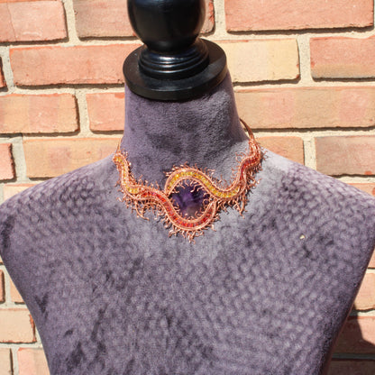 Centipede Choker Necklace Gothic Fantasy Wire Wrapped Jewelry displayed on a mannequin against a brick wall